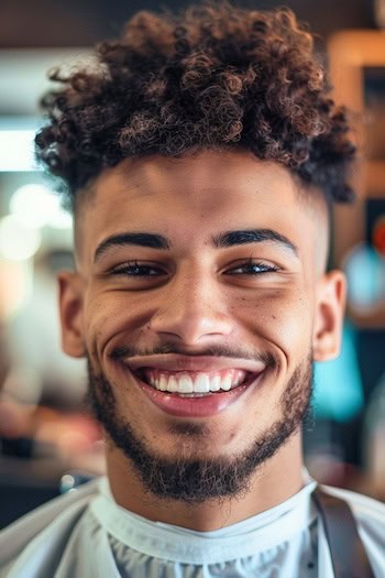 Curly Afro With Skin Fade Hairstyle on a smiling black man with dark brown hair in a barber shop.