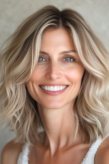 Layered Waves for Thick Hair Hairstyle on a smiling woman in her 50s with bronde hair.
