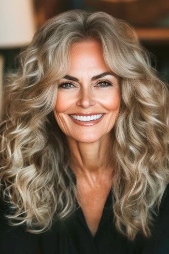 Long Curly Layers Hairstyle on a smiling older woman with blondish brown hair.