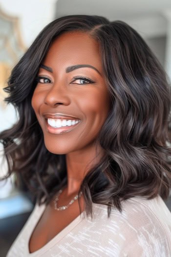 Loose Mid-Length Waves Haircut on a smiling black woman with dark brown hair.