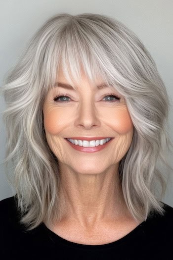 Medium Feathered Layers with Bangs Hairstyle on a smiling woman in her seventies with gray hair.