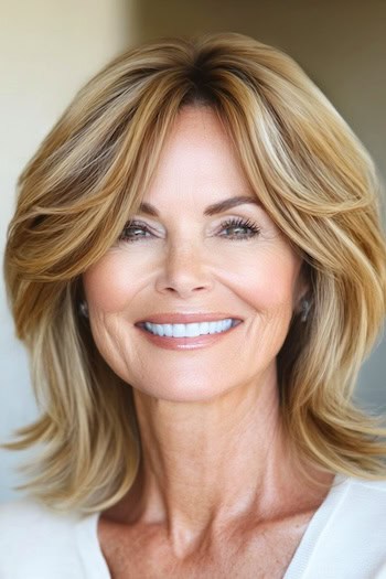 Shoulder-Length Layers with Flipped Ends Hairstyle on a smiling woman in her seventies with highlighted brown hair.