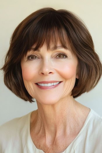 Chin-Length Layered Bob with Bangs Hairstyle on a smiling woman in her 70s with brown hair.