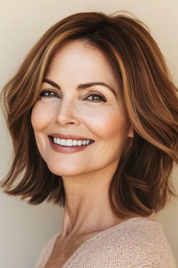 Face-Framing Shoulder-Length Cut Hairstyle on a smiling woman in her 50s with brown hair.