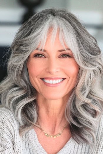 Feathered Wavy Salt and Pepper Layers Haircut on a smiling woman with gray and black hair.