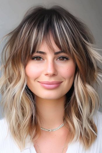 Ombre Shag Hairstyle on a smiling woman with brown hair and blonde ends.