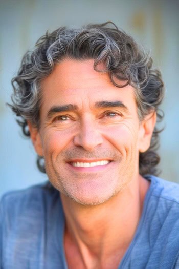 Salt And Pepper Curly Crop Hairstyle on a man with salt and pepper hair.