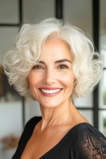Voluminous Soft Curly Bob Hairstyle on a smiling older woman with platinum white hair.