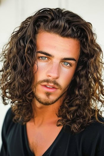 Long Curls With Beard Hairstyle on a man with brown hair.