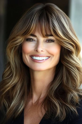 Long Waves with Bangs Hairstyle on a smiling woman in her 50s with long highlighted brown hair.