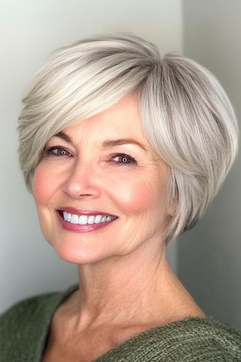 Pixie Bob with Side-Swept Bangs Hairstyle on a smiling woman in her 70s with short gray hair.