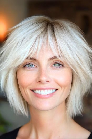 Platinum Textured Shag Hairstyle on a smiling woman with blonde hair.