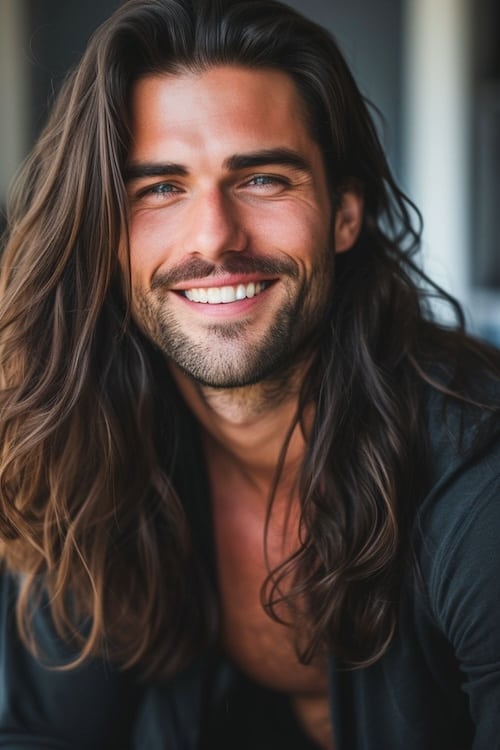 Long surfer style haircut on attractive man.