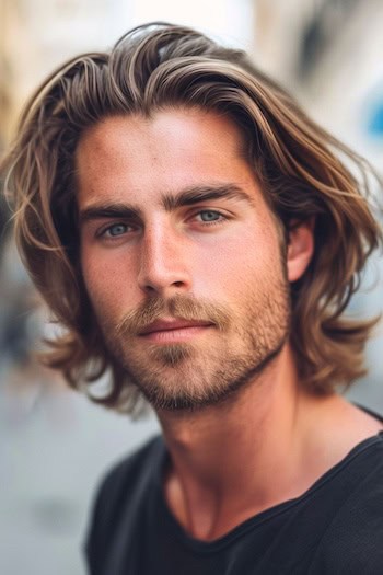 Swept Back Layers with Beard Medium-Length Hairstyle For Men.