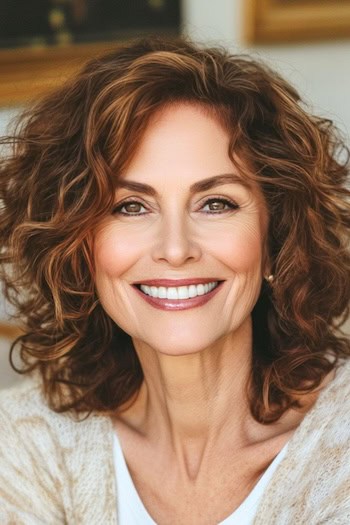 Tousled Layered Curls Hairstyle on a smiling older woman with brown hair.