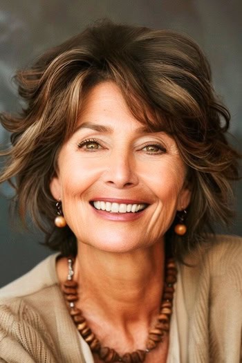 Voluminous Shaggy Wavy Layers Haircut on a smiling older woman with brown hair.