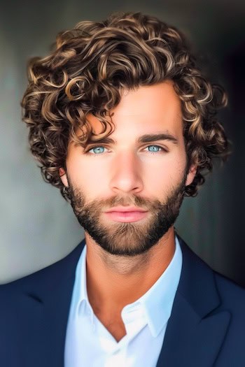 Highlighted Curls With Beard Hairstyle on a man with brown hair and blonde highlights.
