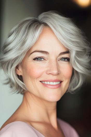 Jaw-Length Layered Wavy Bob Hairstyle on a smiling woman in her 50s with short gray hair.