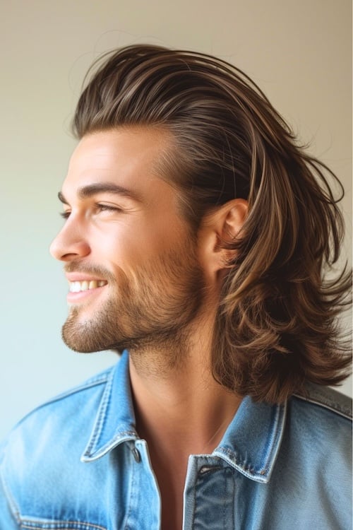 Long pompadour hairstyle on smiling man.