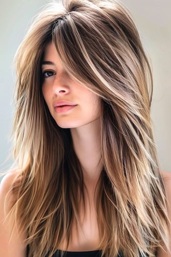 Long Straight Shag Hairstyle on a young woman with highlighted brown hair.