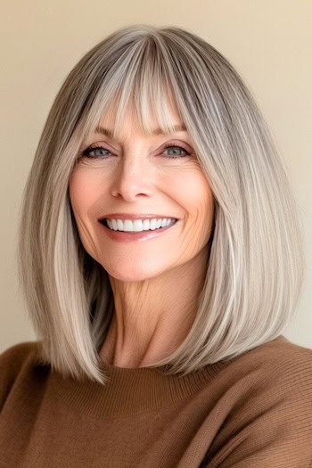 Rounded Long Bob with Bangs Hairstyle on a smiling woman in her 70s with full, gray hair.