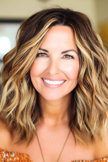 Shoulder-Length Loose Waves Haircut on a smiling woman with thick highlighted brown hair.