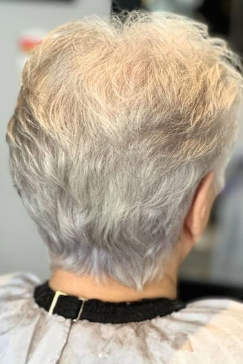 Silver Textured Pixie Haircut, back view.