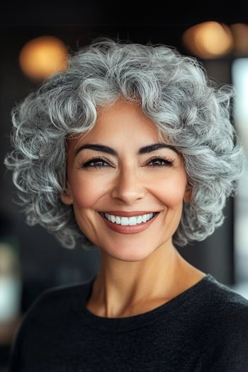 Tapered Silver Curls Hairstyle on a smiling older woman with gray hair.