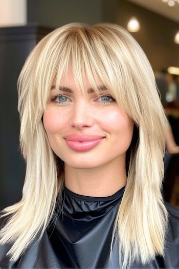 Choppy Blonde Shag Hairstyle on a smiling woman with blonde hair.