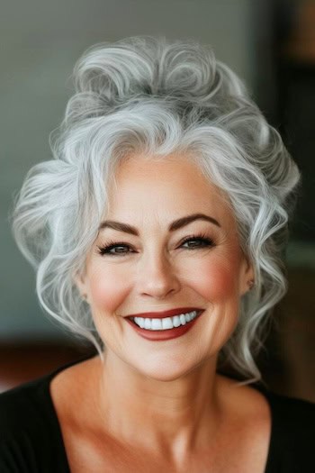 Curly Topknot Hairstyle on a smiling older woman with gray hair.
