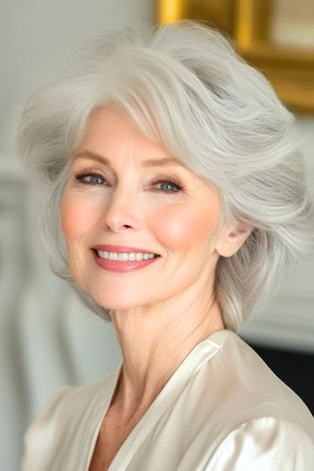 Layered Bouffant with Side-Swept Bangs Hairstyle on a smiling woman in her 70s with gray hair.
