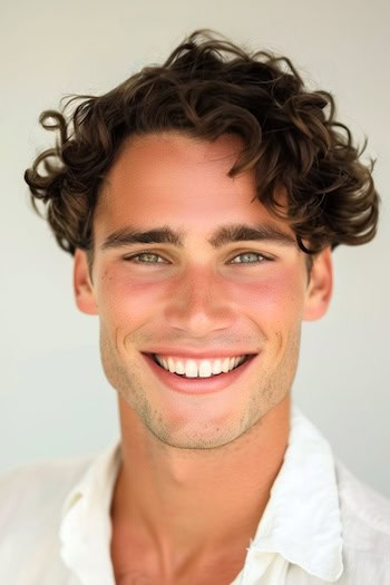 Messy Curly Quiff Hairstyle on a smiling man with brown hair.