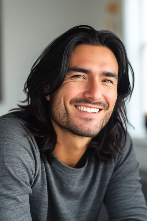 Shoulder length layers with center part on smiling man.