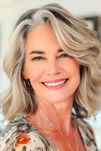 Shoulder-Length Wavy Layers with Side Bangs Haircut on a smiling woman with frosted blonde hair.
