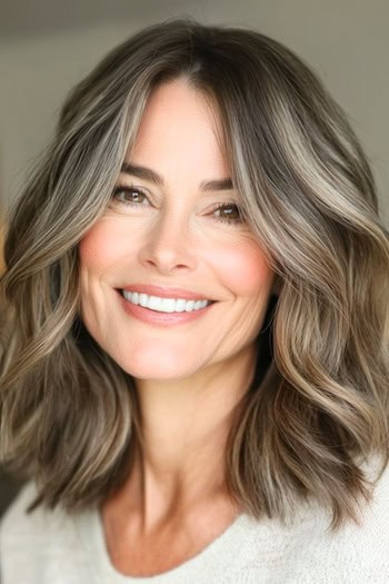 Soft Shoulder-Length Waves Hairstyle on a smiling woman in her 50s with wavy highlighted brown hair.
