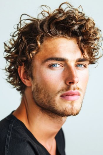 Tousled Curly Top with Side Fringe Medium-Length Hairstyle For Men.