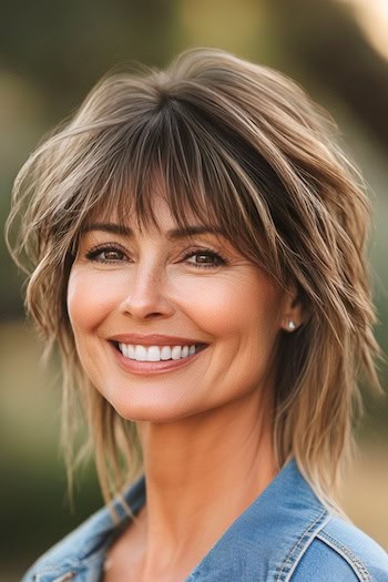 Choppy Shag with Bangs Hairstyle on a smiling woman with brown hair.