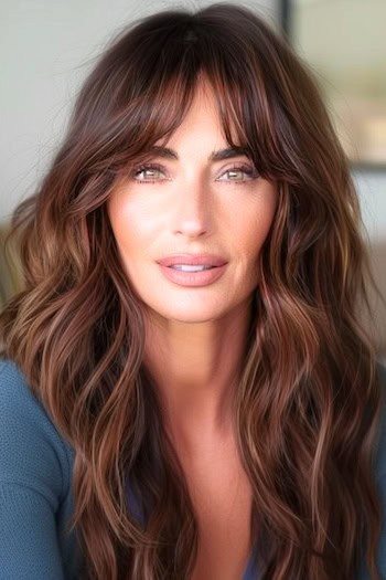 Long Soft Waves Haircut on woman with thick brown hair.