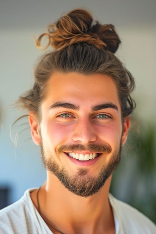 Man bun top knot hairstyle on smiling man with beard.