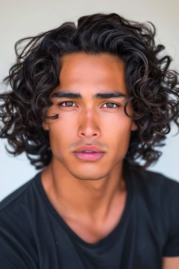 Mid-Length Curls With Side Part Hairstyle on a man with dark brown hair.