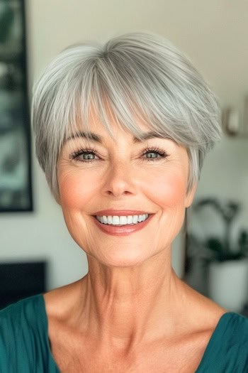 Pixie with Feathered Bangs Hairstyle on a smiling woman in her 70s with gray hair.