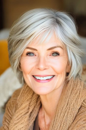 Short Side-Swept Layers Hairstyle on a smiling woman in her 70s with gray hair.