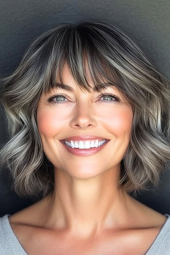 Wavy Bob with Bangs Hairstyle on a smiling woman in her fifties with highlighted brown hair.