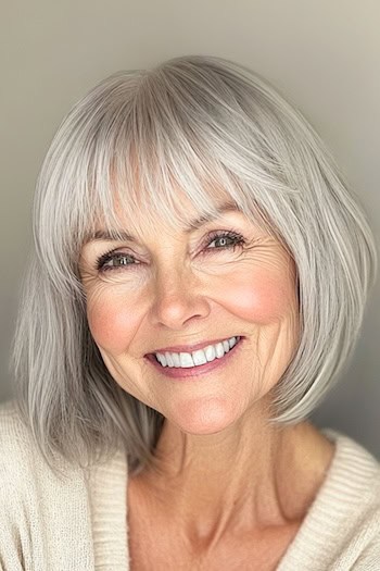 Bob with Wispy Bangs Hairstyle on a smiling woman in her 70s with gray hair.