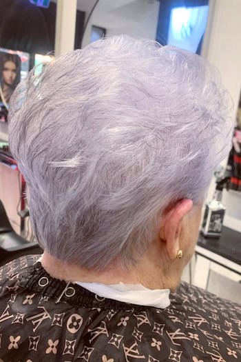 Cool-Toned Silver Pixie for Fine Hair Haircut, back view.