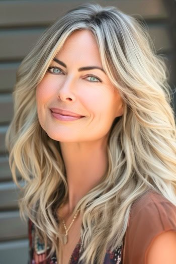 Feathered Layered Waves Haircut on a smiling woman with thick blonde hair.