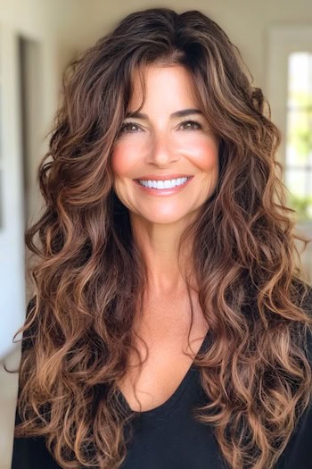 Long Highlighted Curls Hairstyle on a smiling older woman with highlighted brown hair.