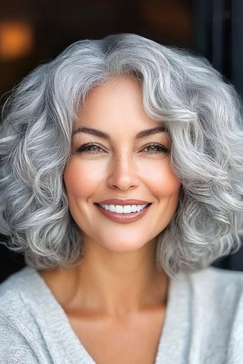 Natural Voluminous Curls Hairstyle on a smiling woman in her 50s with gray hair.