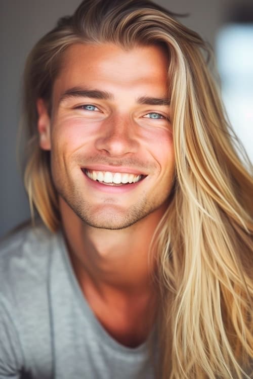Side swept blonde layers long hairstyle on smiling man.