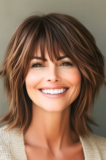 Tapered Shag Hairstyle on a smiling woman with brown hair.